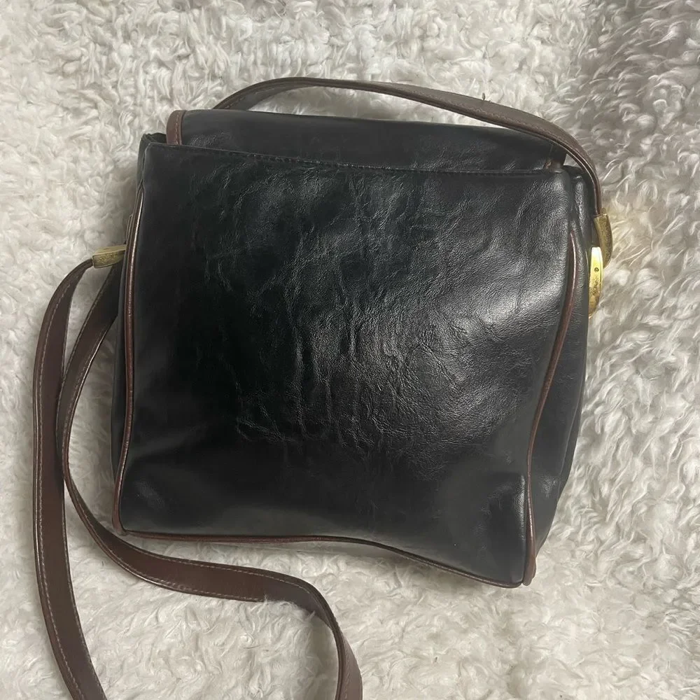 Capezio Black Leather Crossbody Bag with brown trim and gold tone hardwares